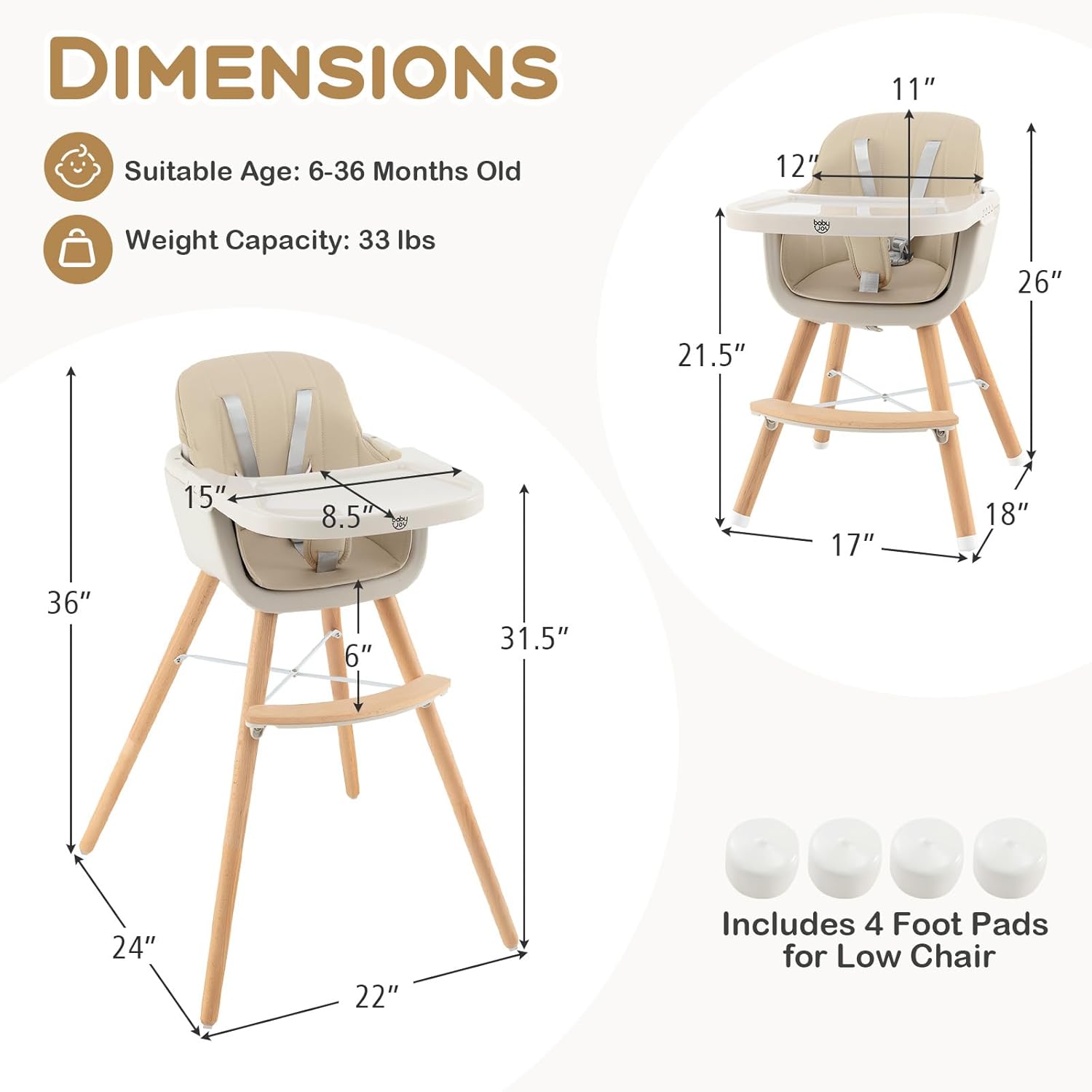 BABY JOY Silla alta convertible para bebé, silla alta de madera 3 en 1 con bandeja extraíble, patas ajustables, arnés de 5 puntos, cojín de