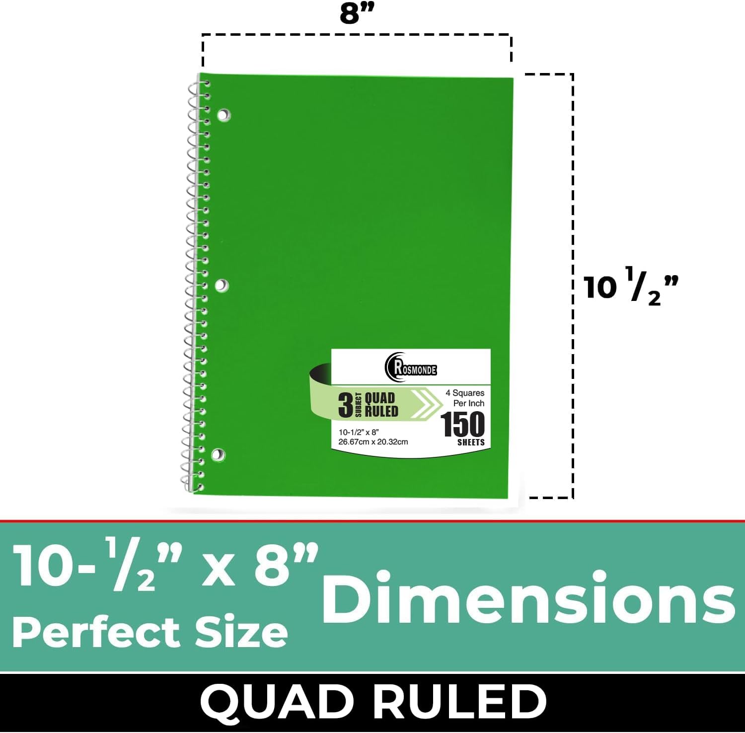 Cuadernos de espiral de 3 materias a rayas, paquete de 3, 300 páginas (150 hojas), 8 x 10-12 pulgadas, cuadrícula en espiral para la escuela y la