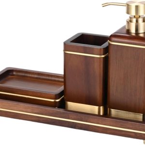 MIHIRO Juego de accesorios de baño de madera de acacia con dispensador de jabón de madera de tary, vaso de baño, jabonera, juego de accesorios de MIHIRO Juego de accesorios de baño de madera de acacia con dispensador de jabón de madera de tary, vaso de baño, jabonera, juego de accesorios de