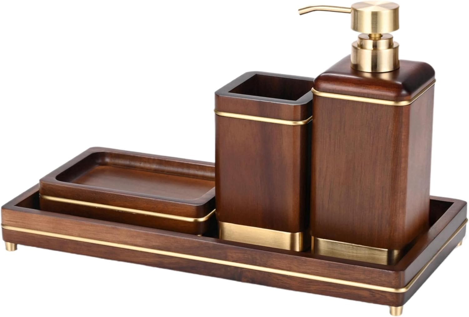 MIHIRO Juego de accesorios de baño de madera de acacia con dispensador de jabón de madera de tary, vaso de baño, jabonera, juego de accesorios de