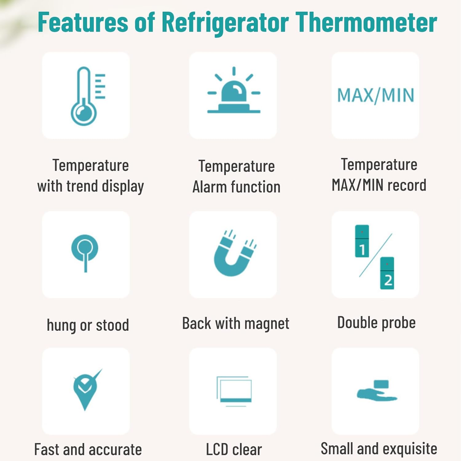 Termómetros para refrigerador con 2 sensores de temperatura inalámbricos, alarmas personalizables para refrigerador y congelador, función de