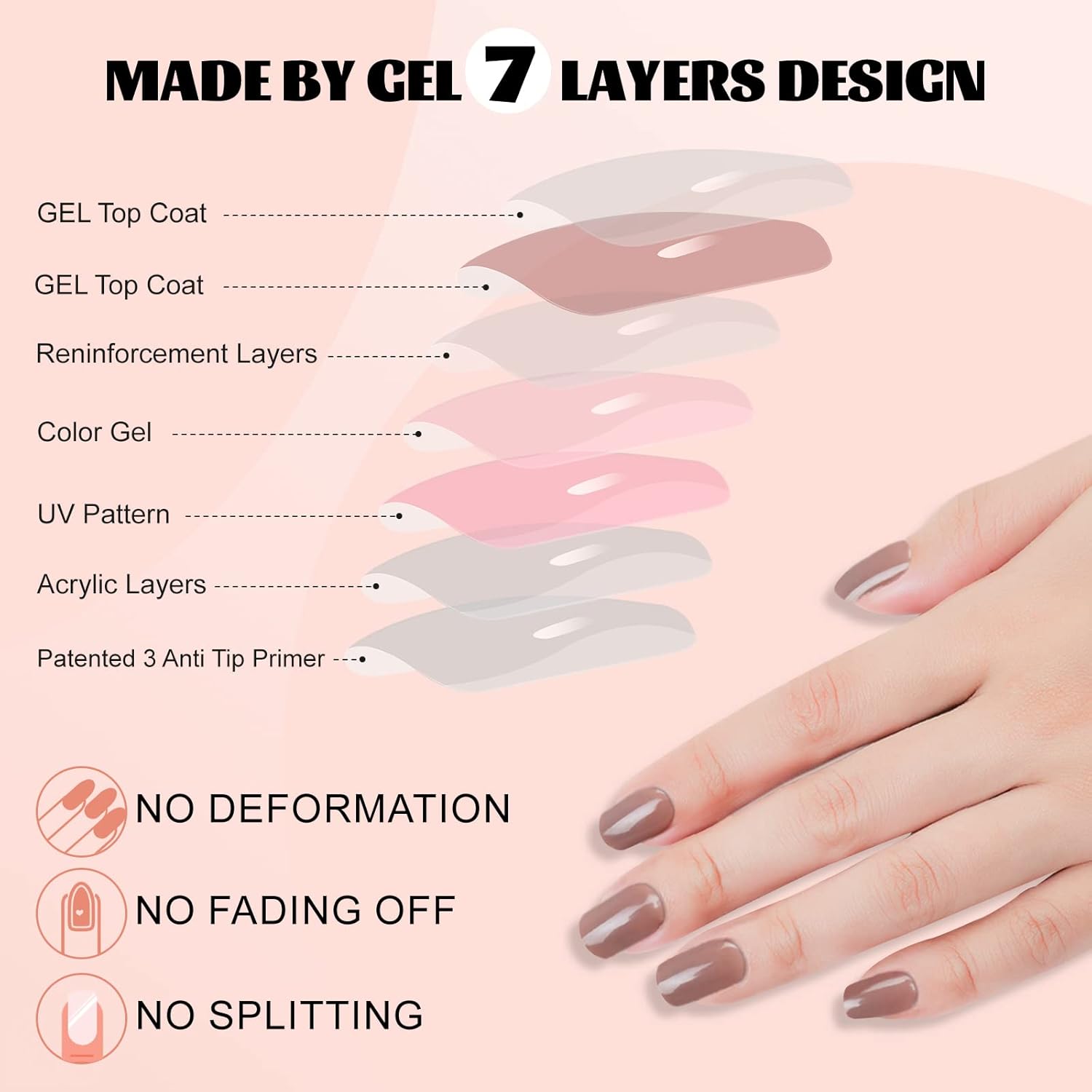 Uñas postizas cortas a presión, cuadradas marrones, acrílicas brillantes, sólidas, naturales, 24 piezas de uñas postizas con diseños, kit de arte de