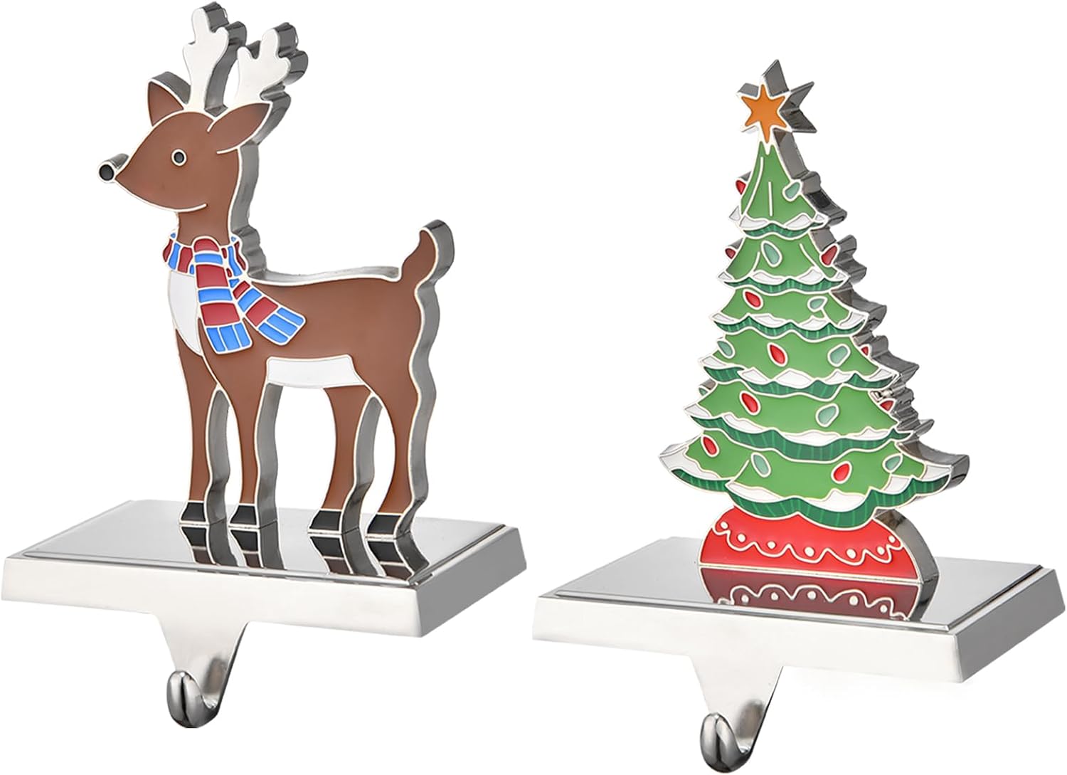 Juego de 2 ganchos de calcetines de Navidad de ciervos para mantel de Navidad, ganchos para chimenea, soporte de metal para calcetines de árbol de