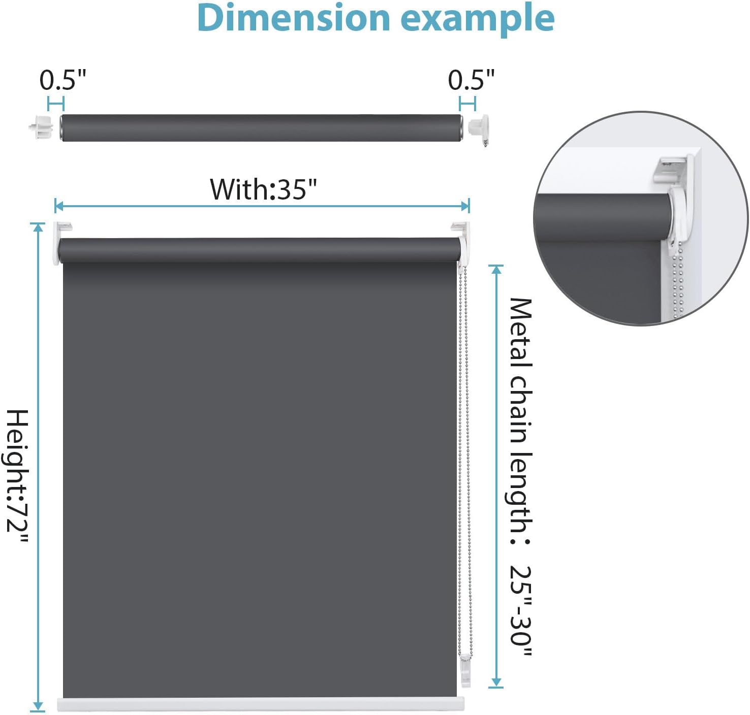 SUNFREE Persianas enrollables opacas para ventanas, 20 pulgadas de ancho x 72 pulgadas de alto, gris oscuro, persianas extraíbles para ventanas con