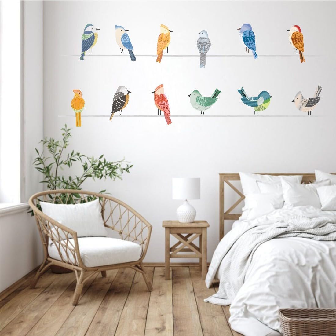 OLMIXA Vinilo decorativo de pared de pájaros grandes, diseño de pájaros en alambre, vinilo colorido con temática de naturaleza, arte de pared para