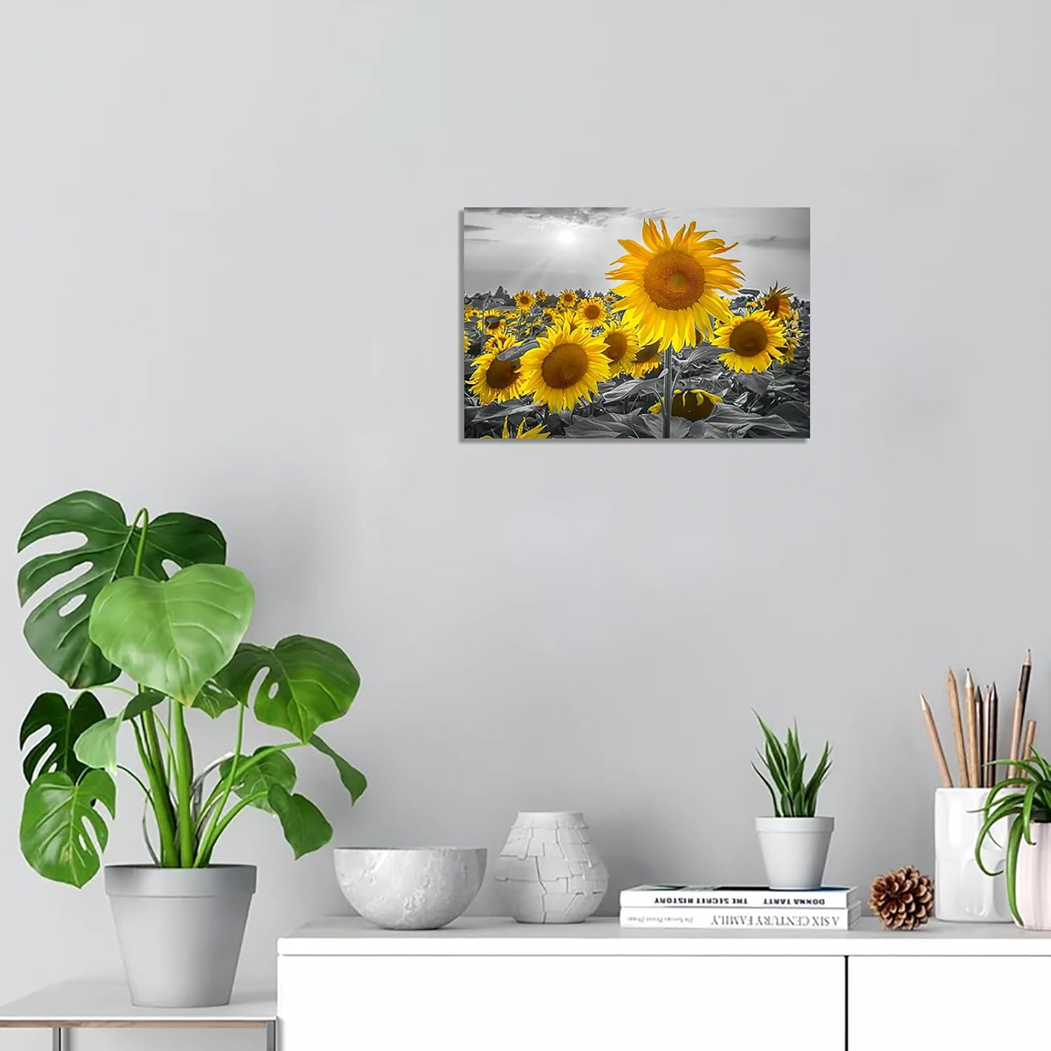 Arte de pared de girasol, pintura de flores, obra de arte de granja, arte de pared negro y amarillo, póster de flores amarillas, impresión de