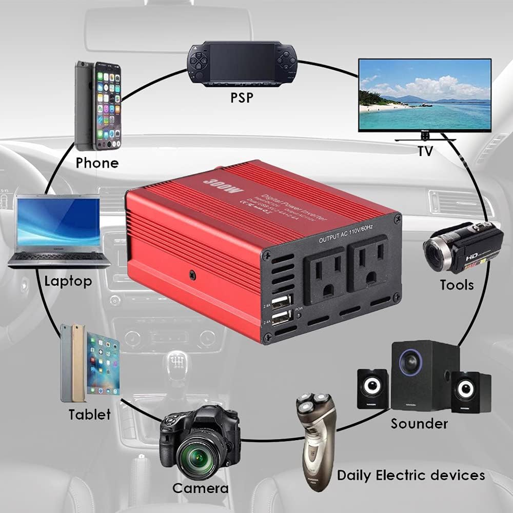 Inversor de corriente de 300 W, convertidor de potencia de automóvil de 12 V CC a 110 V CA con cargadores USB duales de 4.8 A para camping, viaje de
