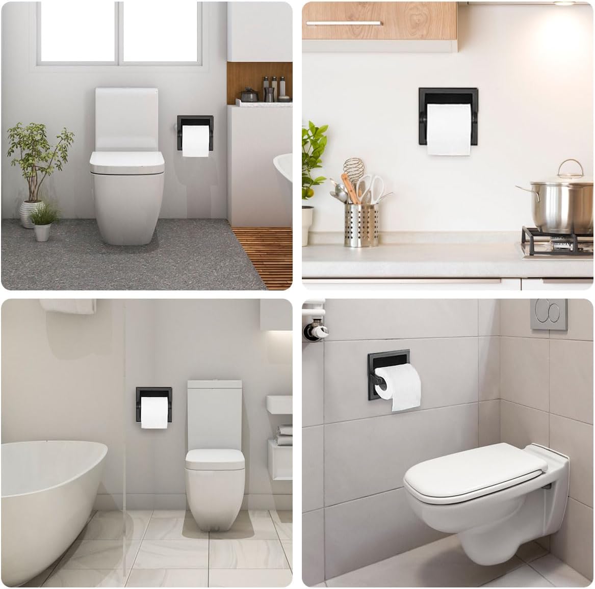 Moderno juego de toalleros de papel higiénico empotrables de color negro mate, soporte de pared de metal duradero para ahorrar espacio, diseño de