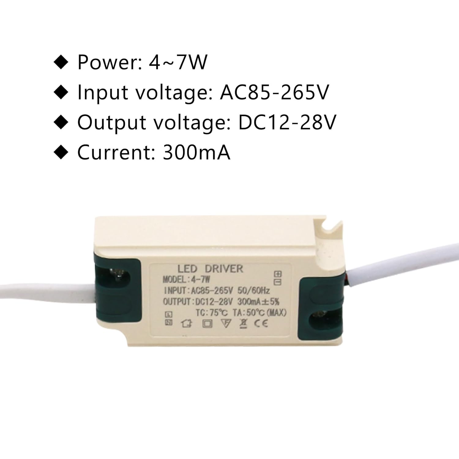Controlador LED de 4-7W, corriente constante 300mA AC 85-265V Salida 15-26V DC Conector hembra Rectificador Transformador Fuente de alimentación