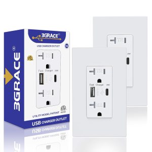 3GRACE Tomacorriente de pared USB, cargador USB con puertos USB C de 4.2 A, enchufe dúplex de 20 amperios resistente a manipulaciones con toma 3GRACE Tomacorriente de pared USB, cargador USB con puertos USB C de 4.2 A, enchufe dúplex de 20 amperios resistente a manipulaciones con toma
