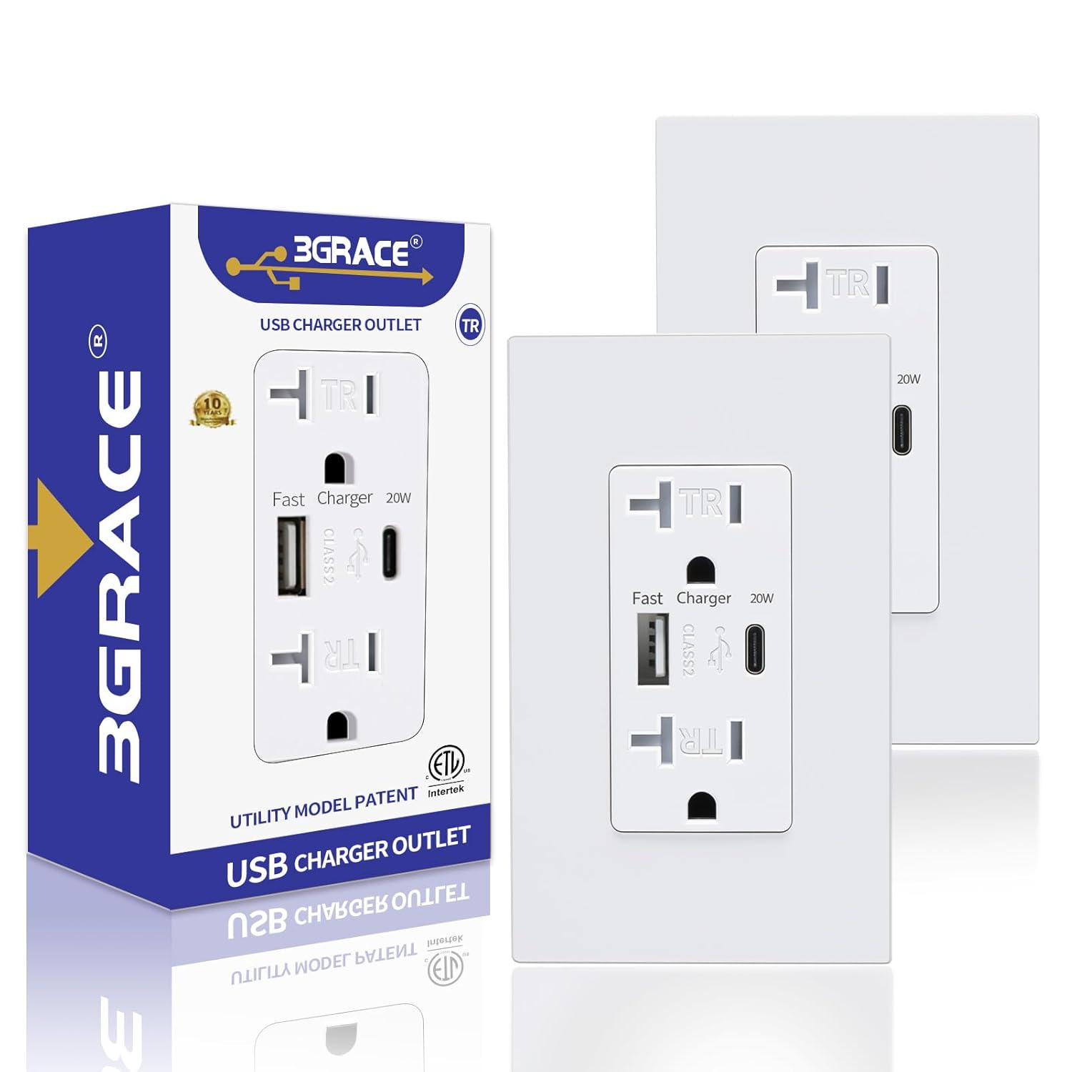 3GRACE Tomacorriente de pared USB, cargador USB con puertos USB C de 4.2 A, enchufe dúplex de 20 amperios resistente a manipulaciones con toma