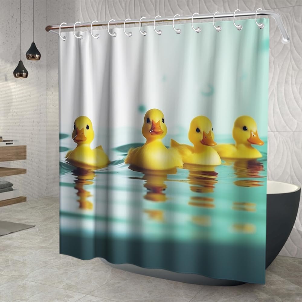 Divertidos cortinas de ducha de tela con diseño de pato chirriante amarillo con 12 ganchos, 72 x 72 pulgadas, poliéster, lavable a máquina, amarillo