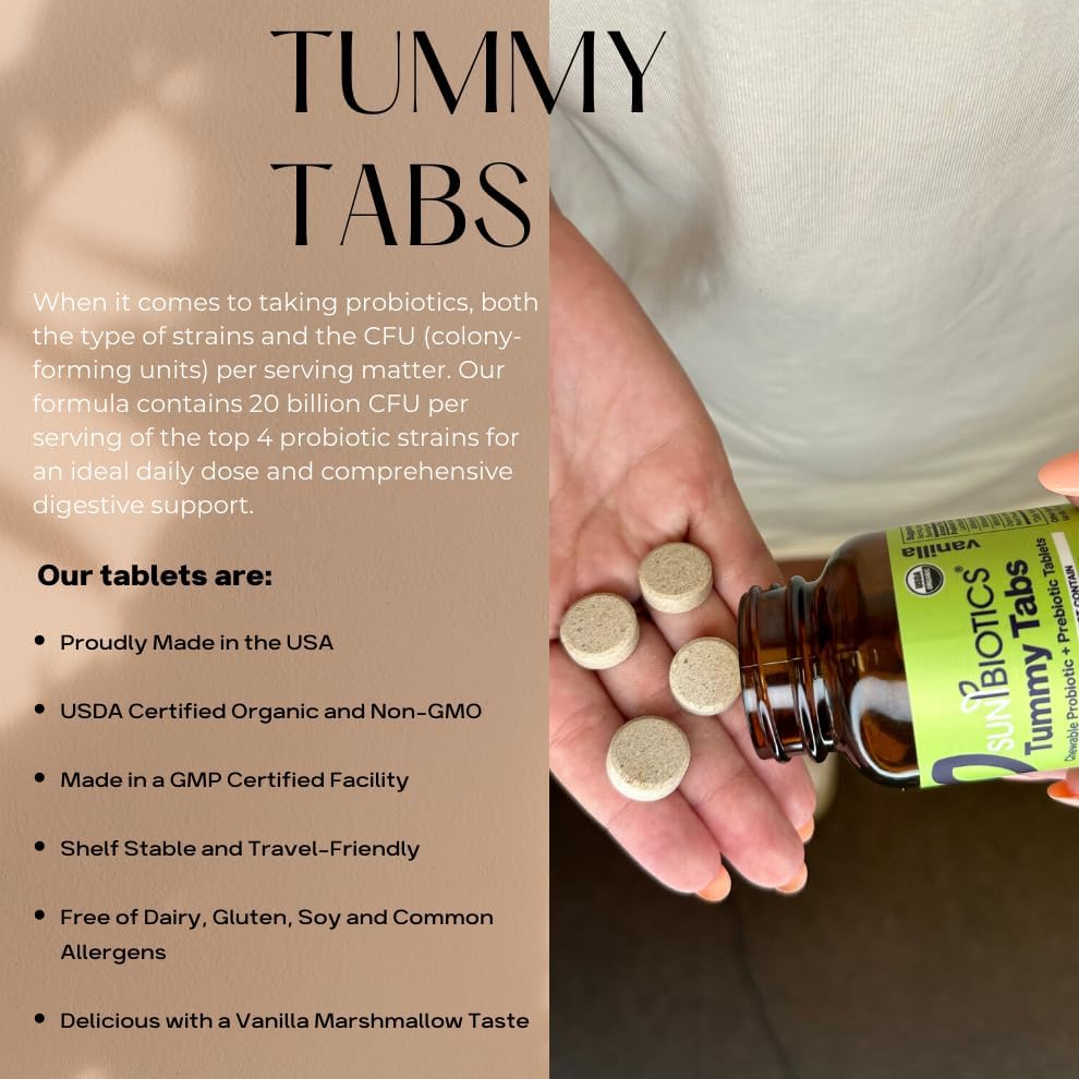 Sunbiotics Tummy Tabs – Probiótico de vainilla con prebióticos 18 mil millones de UFC, 4 cepas probióticas, suplemento probiótico diario, sin OMG,
