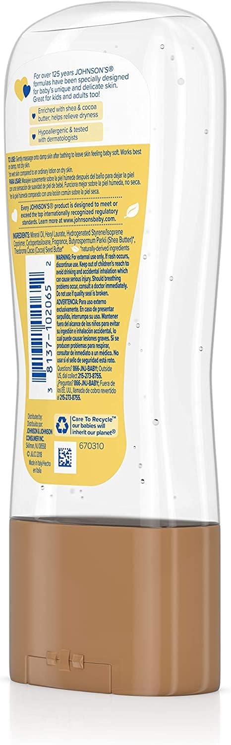 Johnson’s – Gel de aceite para bebé enriquecido con manteca de karité y cacao, ideal para masaje de bebés, 6.5 onzas líquidas (paquete de 2)