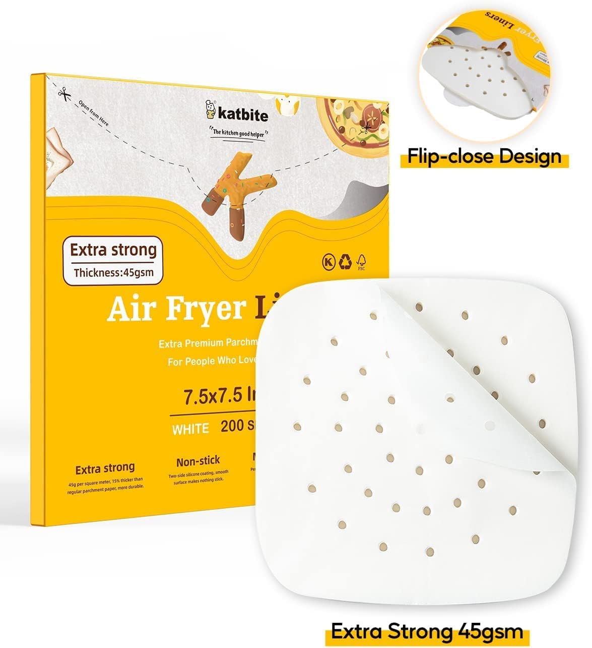 Katbite 200 piezas de papel pergamino para freidora de aire de 7.5 pulgadas, forros cuadrados antiadherentes resistentes para freidora de aire,
