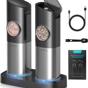 Ultrean Gravity – Juego de molinillo eléctrico de sal y pimienta, recargable por USB con base de carga dual, finura ajustable, operación con una Ultrean Gravity – Juego de molinillo eléctrico de sal y pimienta, recargable por USB con base de carga dual, finura ajustable, operación con una