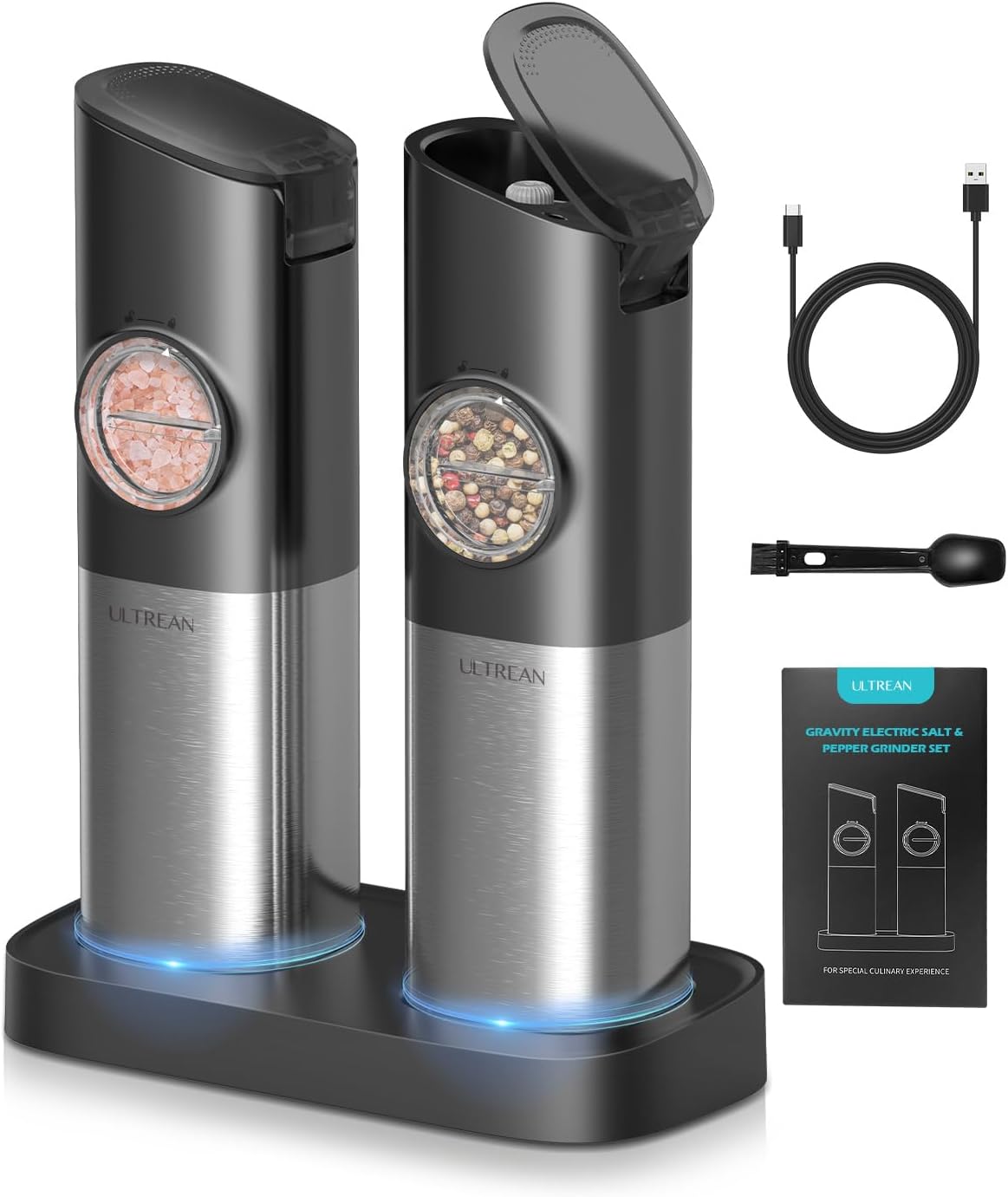 Ultrean Gravity – Juego de molinillo eléctrico de sal y pimienta, recargable por USB con base de carga dual, finura ajustable, operación con una