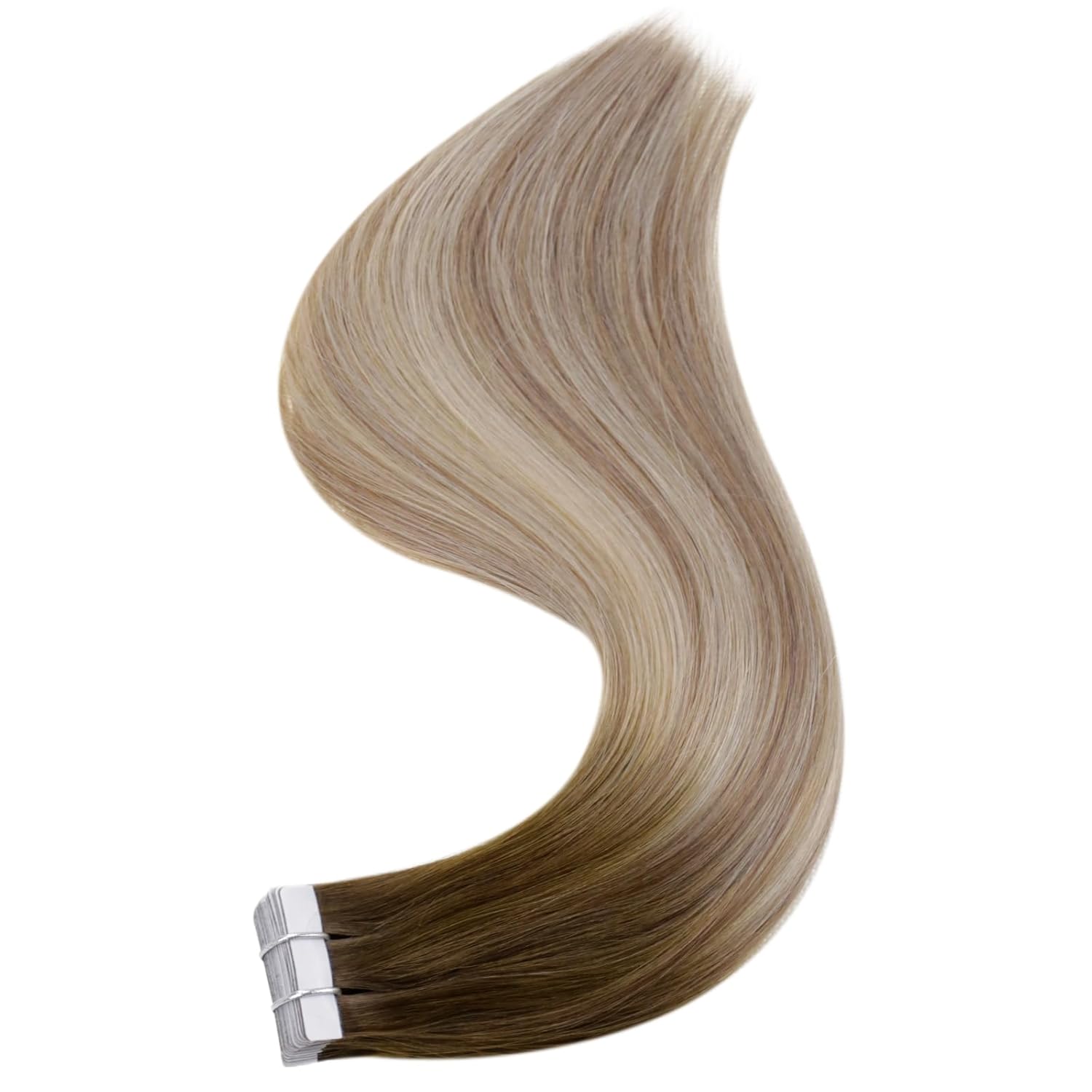 RUNATURE Extensiones de cabello humano Remy con cinta adhesiva, balayage, color marrón nogal degradado a marrón ceniza con rubio claro, extensiones