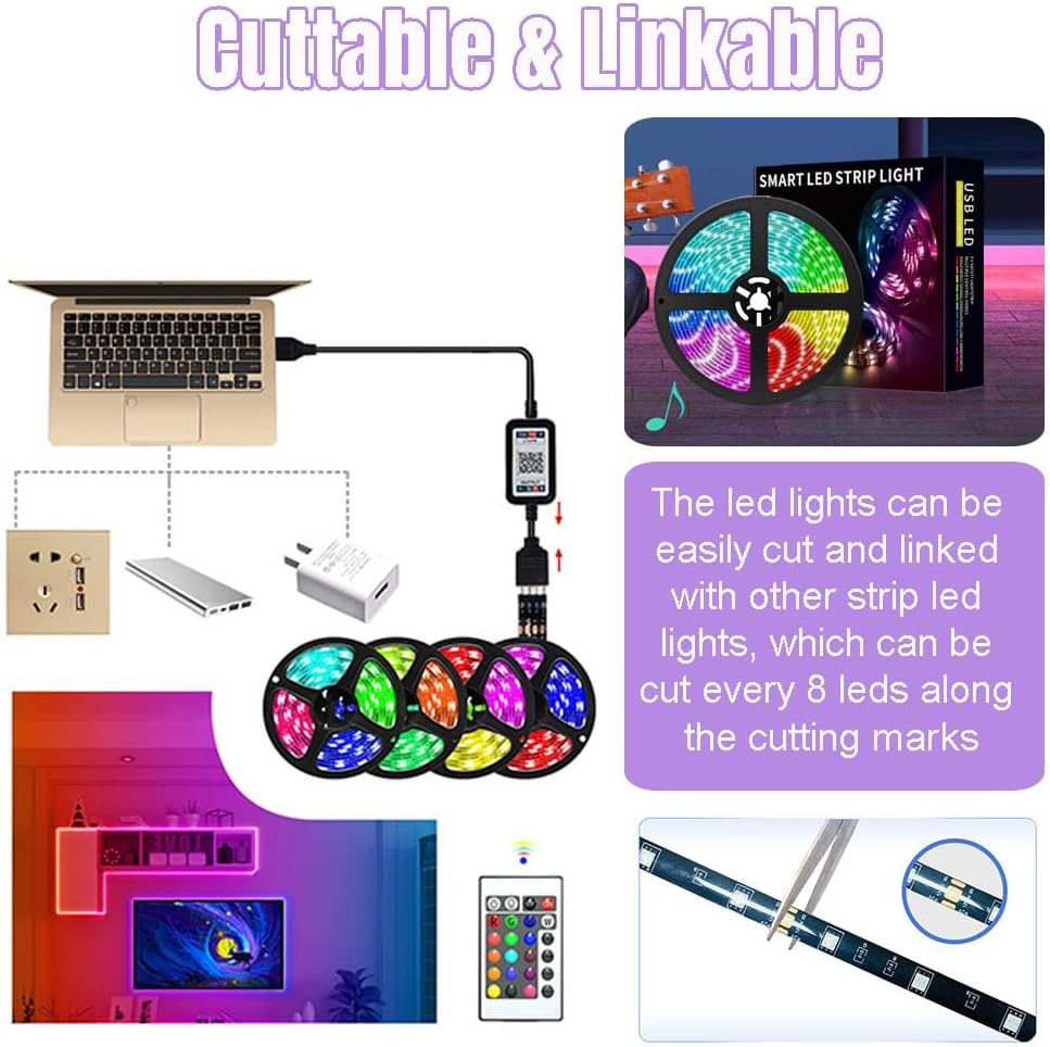YHRDPP Tira de luz LED, luces LED RGB de neón de 16.4 pies, tira de sincronización de música con aplicación remota que cambia de color, tira de