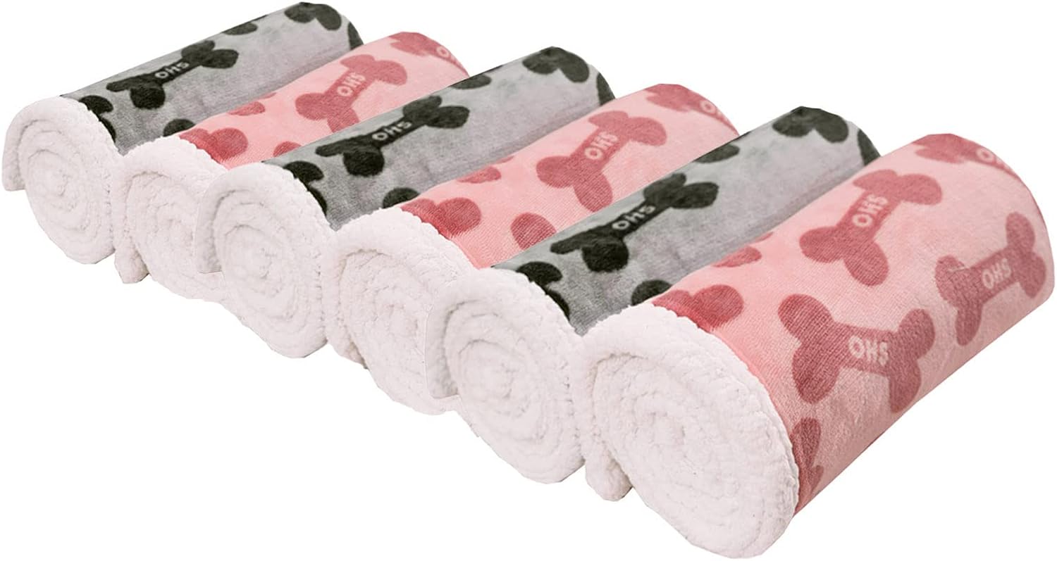 Dog Blankets 6 Pack Flannel Fleece Sherpa Puppy Throw Blankets Bulk 30×43 Inch Warm Sleeping Ultra Soft Bone Printed Plush Fluffy Paw Mat for Pet