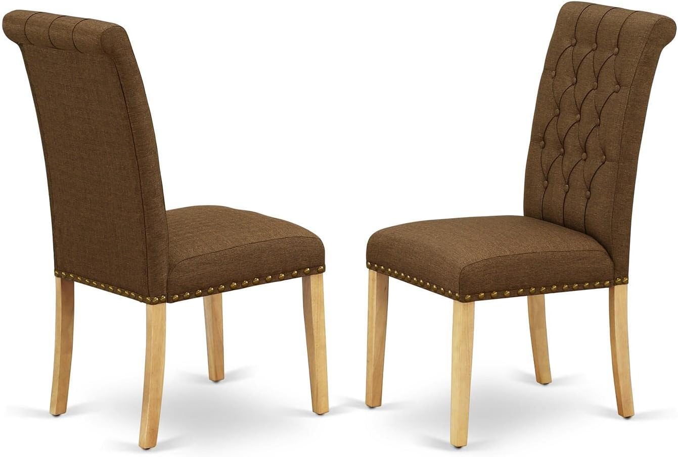 East West Furniture BRP4T18 Parson – Juego de 2 sillas de comedor tapizadas de tela de lino marrón con botones y ribete de clavos, color roble