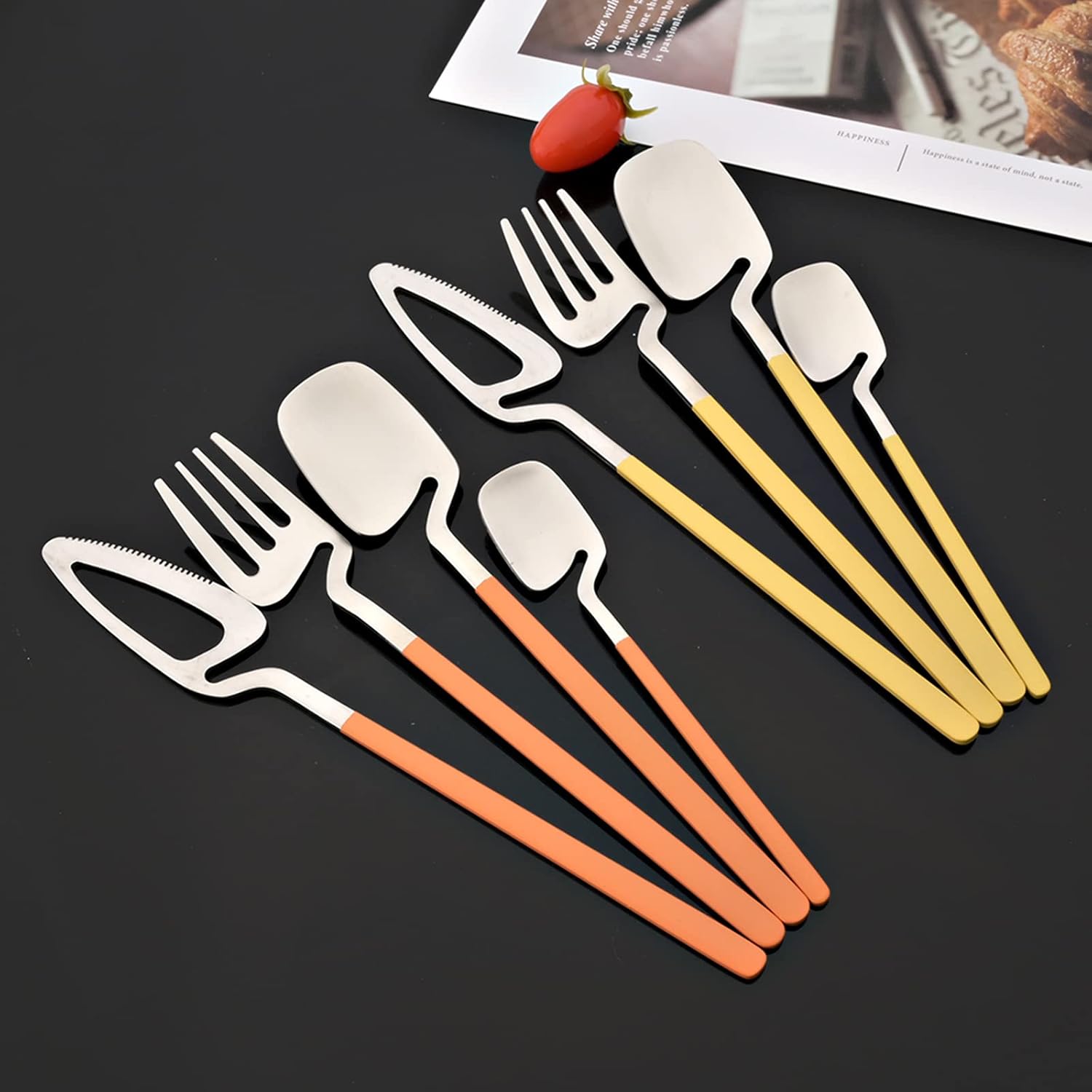 JASHII Juego de cubiertos de acero inoxidable 304 con acabado satinado de color macarrón de 24 piezas, juego de utensilios de cocina para 6