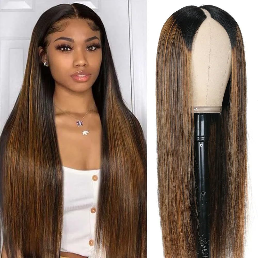 Pobokix Pelucas de cabello humano virgen brasileño lacio con reflejos degradados, con parte en U, 180% de densidad, sin pegamento, con clip de