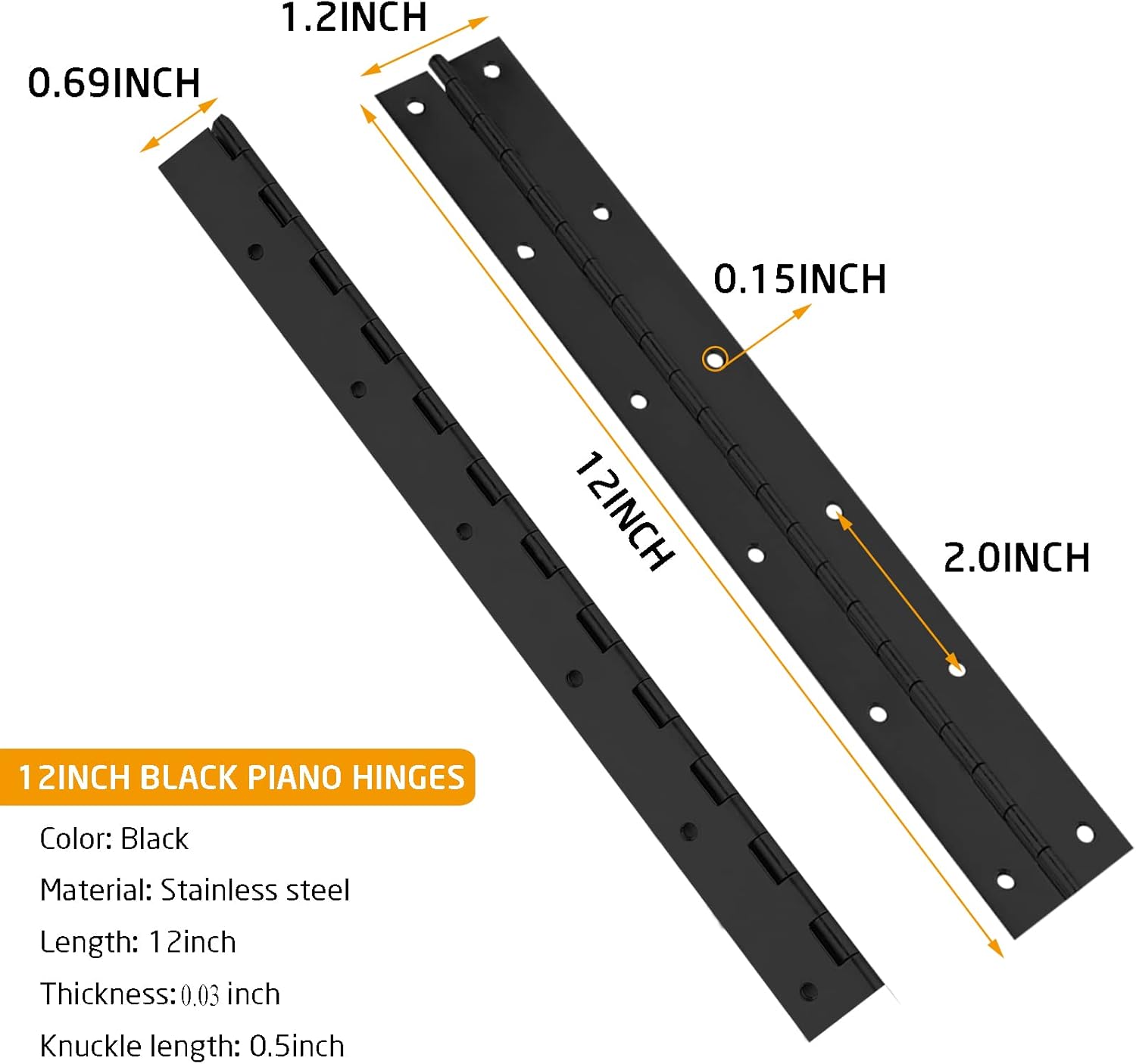 4 bisagras de piano negras, bisagras de puerta de acero inoxidable de 12 pulgadas con agujeros, bisagras continuas y de piano resistentes para