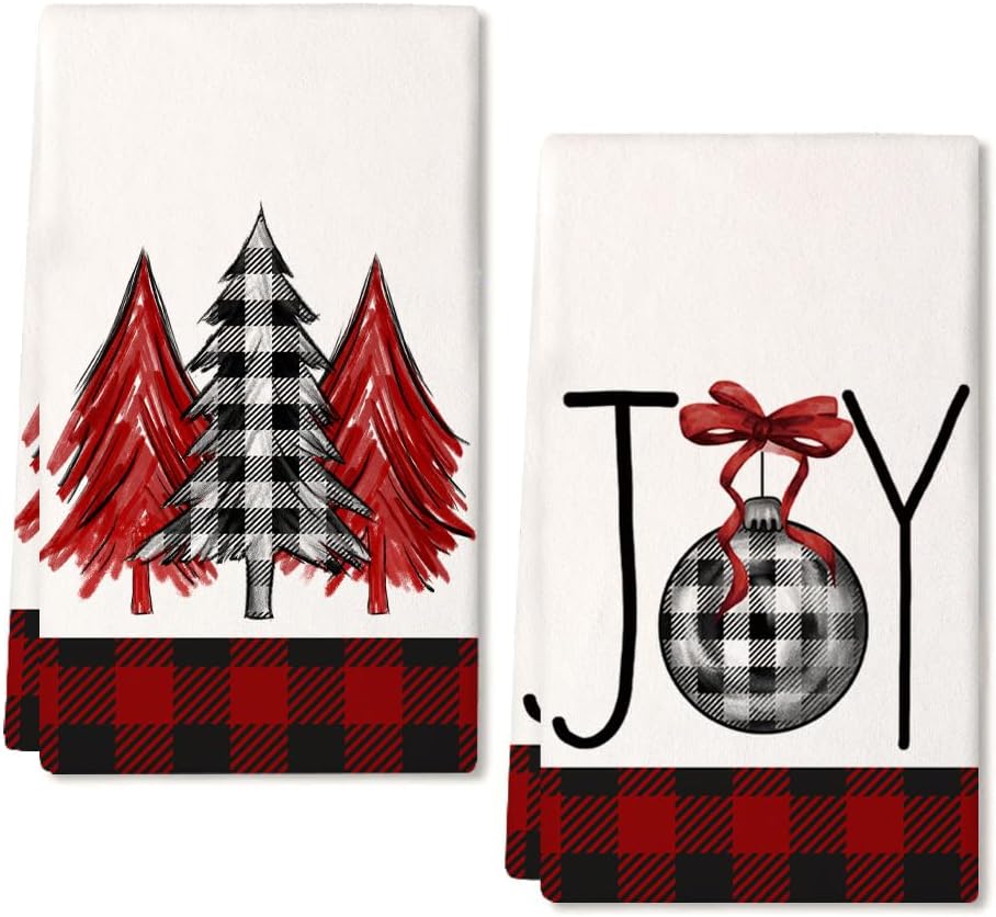 ARKENY AD134 – Juego de 2 paños de cocina de Navidad, diseño de búfalo rojo, árbol de Navidad, 18 x 26 pulgadas, decoración del hogar de granja
