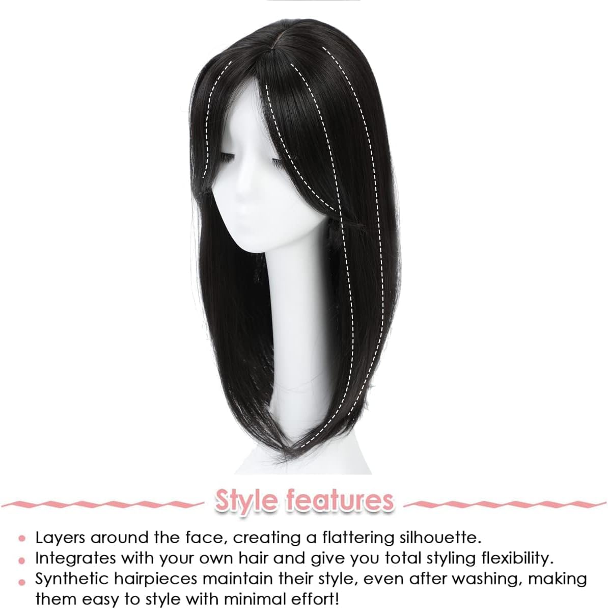 Toppers para el cabello para mujer, 18 pulgadas, peluca para mujer, con flequillo, clips invisibles, pelucas de corona en pieza de cabello sintético