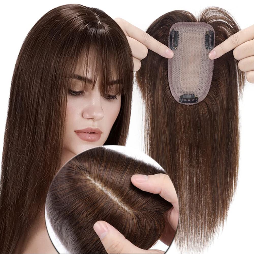 MY-LADY Toppers de cabello humano para mujer, cabello humano real para cabello fino, 2.8 x 5.1 in, base de seda, postizo con flequillo, densidad del