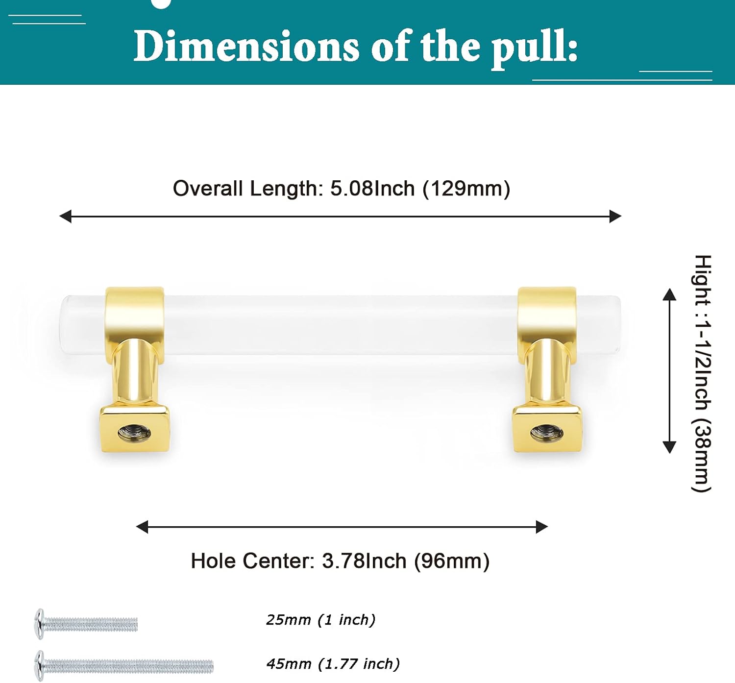 Orger – Paquete de 25 manijas de gabinete de cocina de acrílico de cristal con acabado dorado de 3.75 pulgadas, manijas centrales para gabinetes,