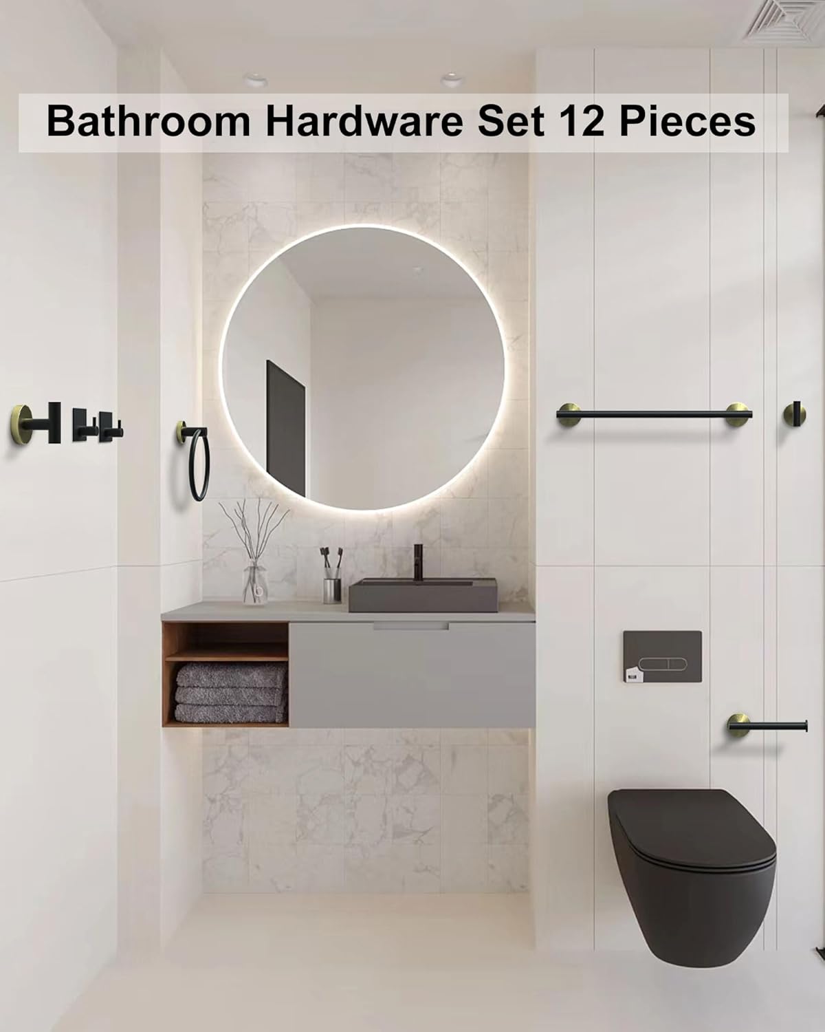Juego de toallas de baño, juego de accesorios de baño negro y dorado, 12 piezas de accesorios de baño de acero inoxidable, incluye 2 toalleros de 16