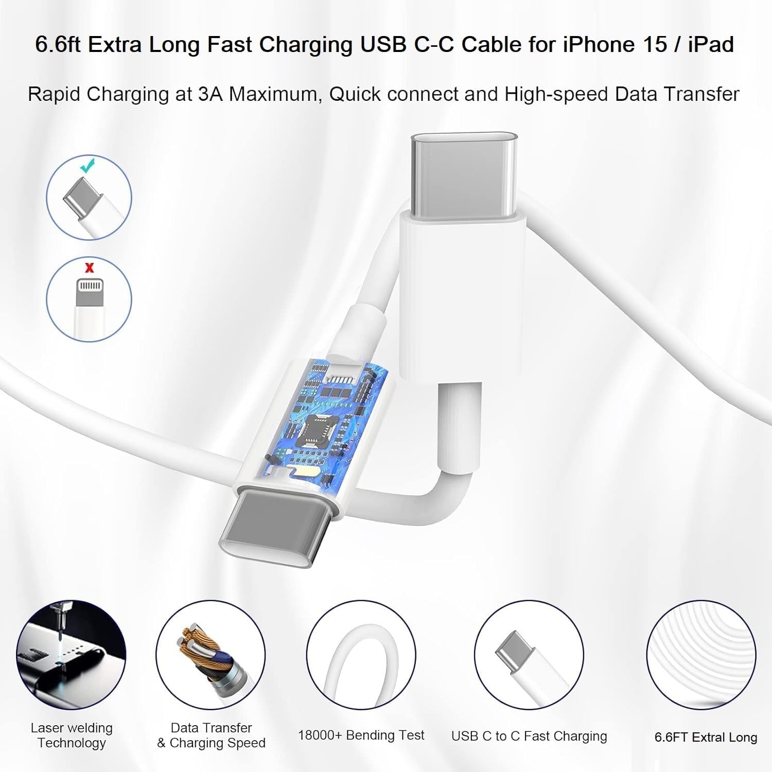 Cargador para iPhone 15 de carga rápida, bloque USB C de 20 W con cable tipo C de 6.6 pies para iPhone 1515 Plus15 Pro15 Pro Max, cargador para iPad