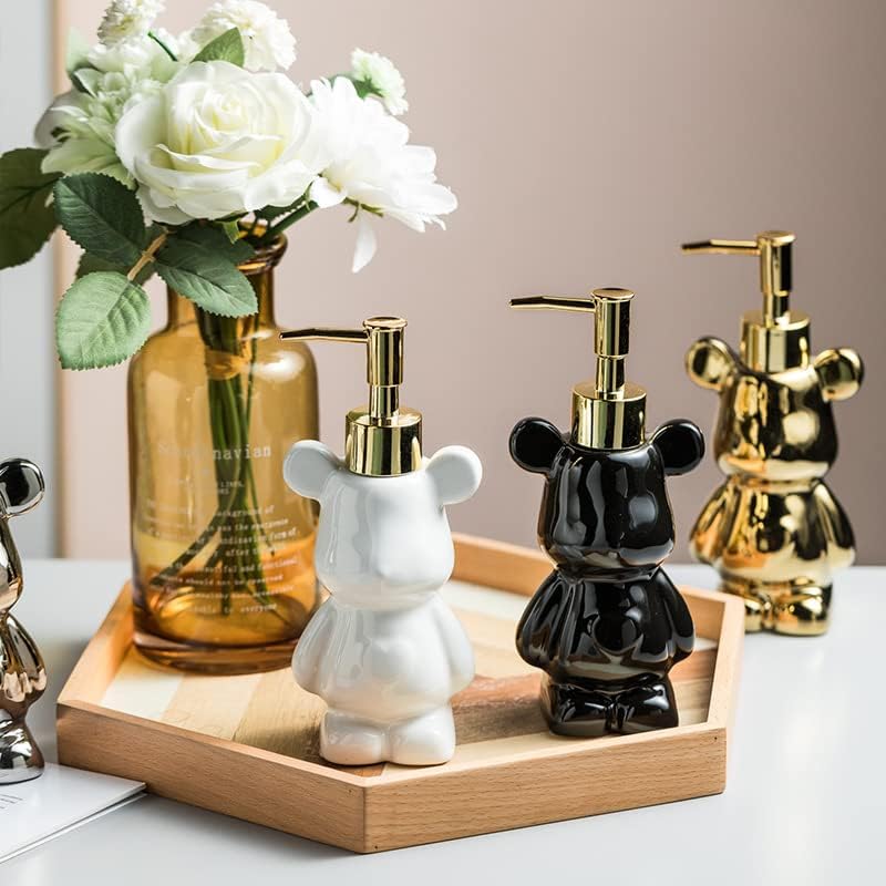 Dispensador de jabón de baño pequeño con bomba, bonito diseño en forma de oso, dispensador de jabón líquido de cerámica (blanco)