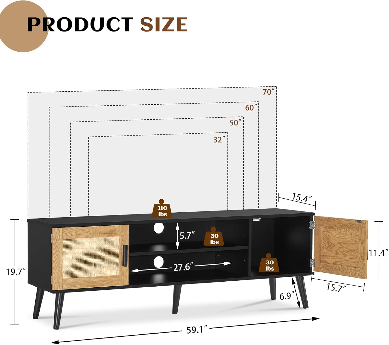 Iwell Soporte de TV de ratán para TV de 55, 65, 70 pulgadas, centro de entretenimiento con estante ajustable y 2 gabinetes, soportes de TV para sala