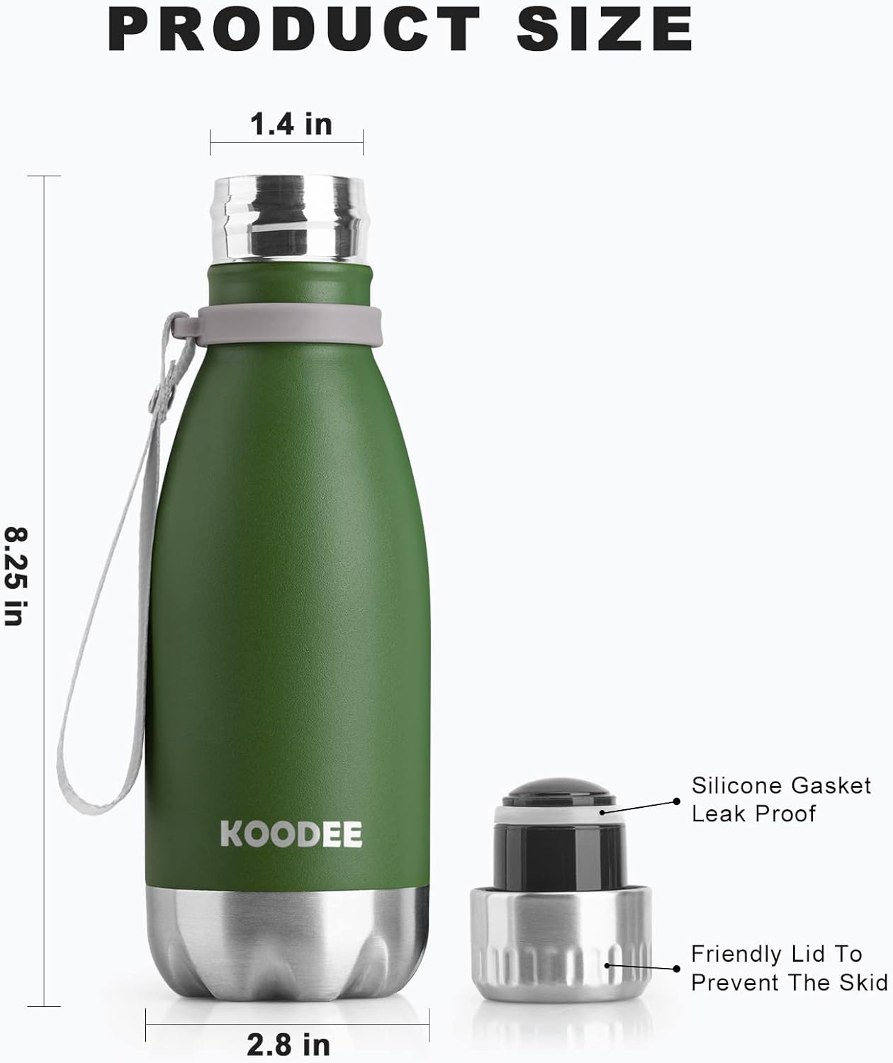 Koodee Botella de agua de acero inoxidable de 12 onzas con aislamiento al vacío para la escuela, botellas de agua deportivas de metal en forma de
