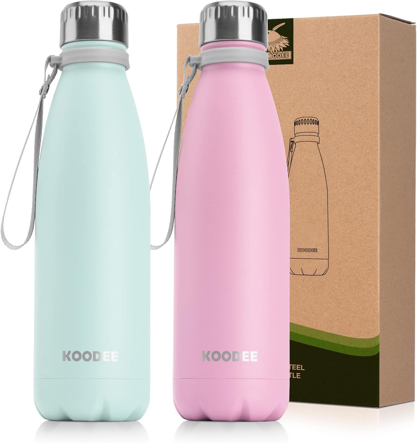 koodee Botella deportiva de agua aislada al vacío de doble pared de acero inoxidable, 17 oz, sin bisfenol A, forma de botella de refresco, a prueba