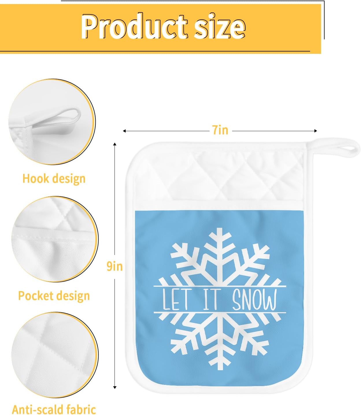 Snowflake 2Pcs Pot Holders for Kitchen,Non Slip & Heat Insulation Terry Cloth Potholder Set with Pocket,Thick Hot Pad Oven Mitts Trivet Coaster for