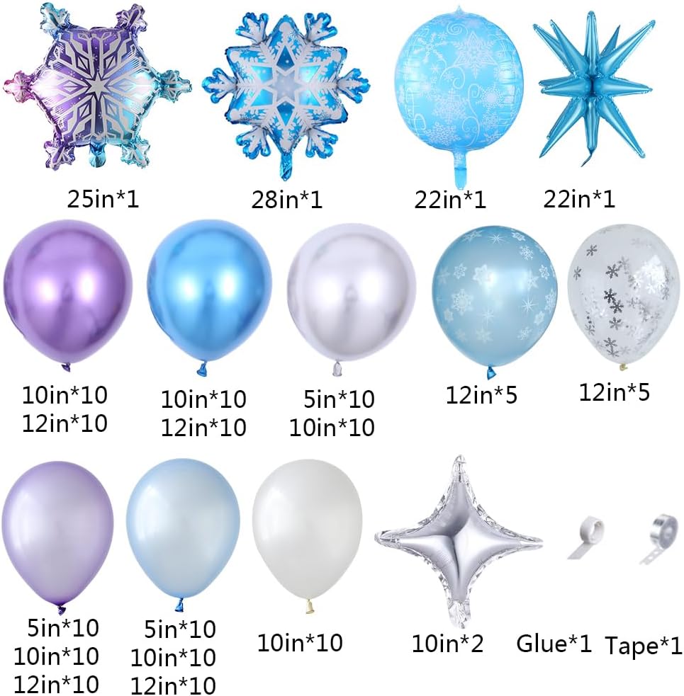 Kit de arco de guirnalda de globos de copo de nieve azul y morado, 148 globos de hielo azul nieve, morado, plateado y blanco para invierno, país de