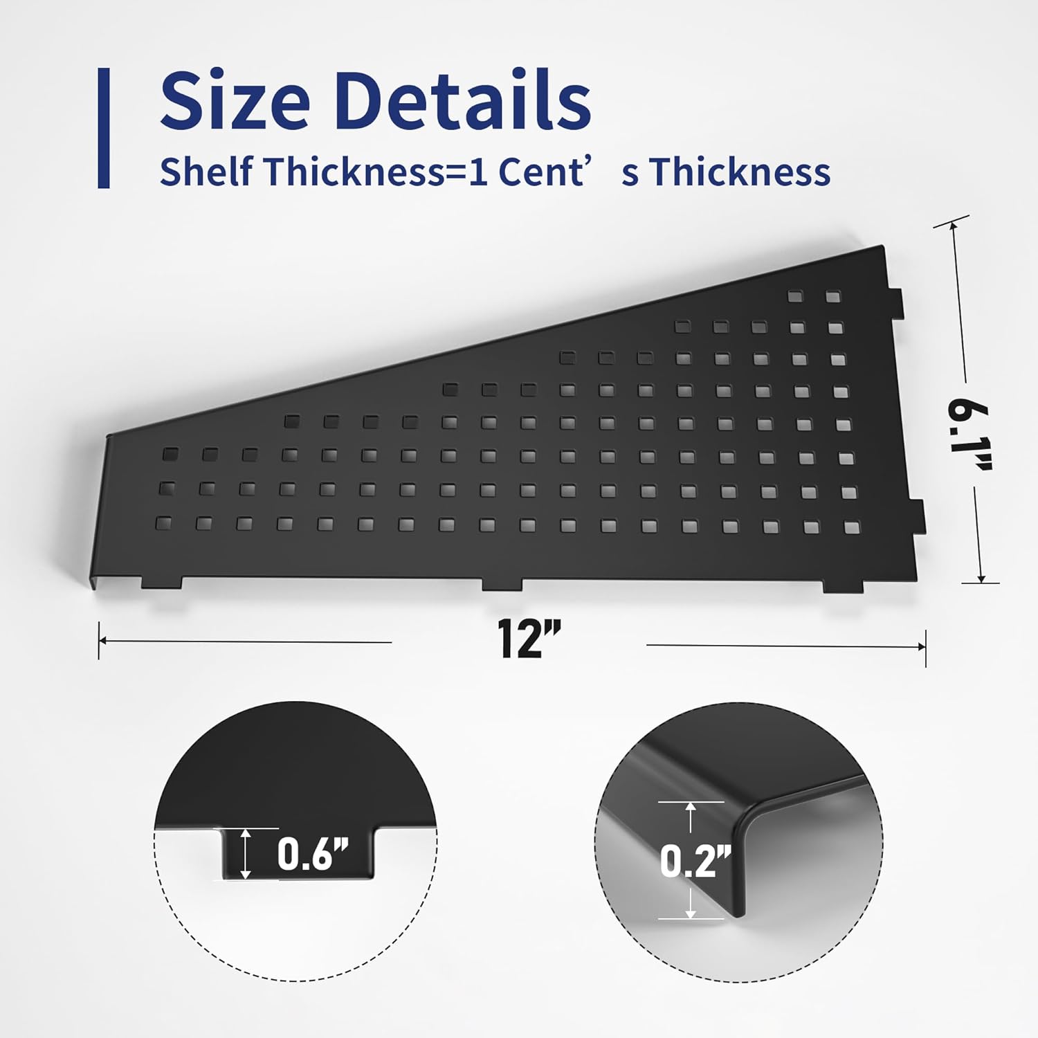 Estante de ducha esquinero, color negro mate de 12 pulgadas, estante flotante trapezoidal de acero inoxidable 304 con diseño de huecos de rejilla,