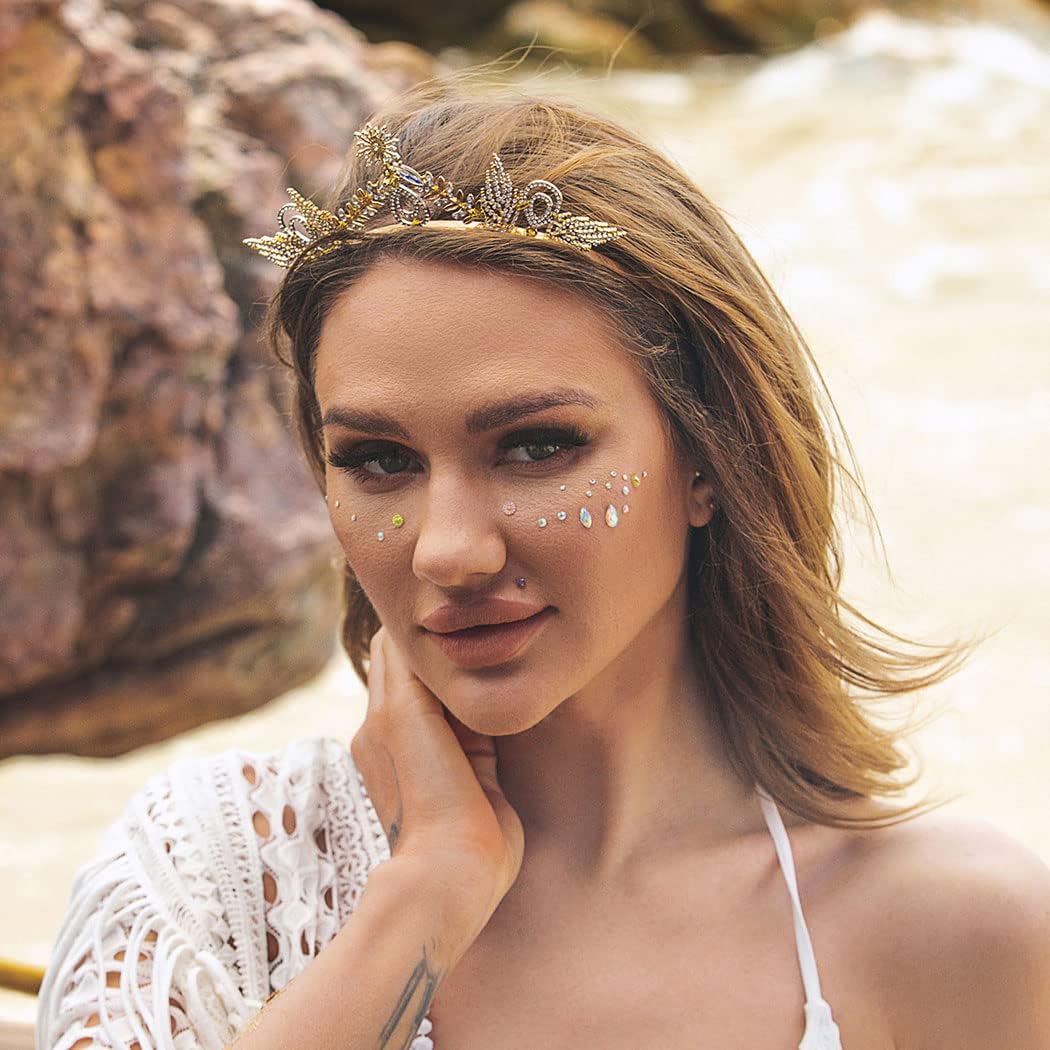 Formery Diadema de corona de diamantes de imitación de hojas doradas con forma de gota de agua, diosa, diadema para boda, fiesta, graduación, hojas
