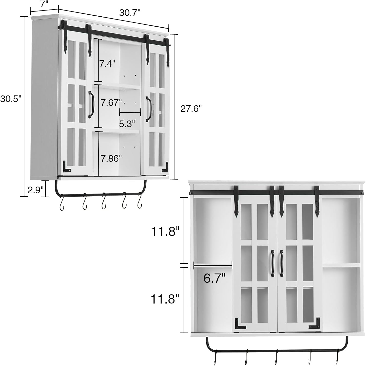 RUSTOWN Armario de baño de granja montado en la pared, armario de pared de madera rústica con dos puertas correderas de vidrio y estante ajustable,