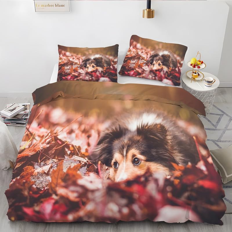 Light Brown Dog Duvet Cover Queen Animal Print Bedding Sets Queen Soft Microfiber Comforter Cover and 2 Pillow Shams 20″X26″, Bed Set Duvet Covers