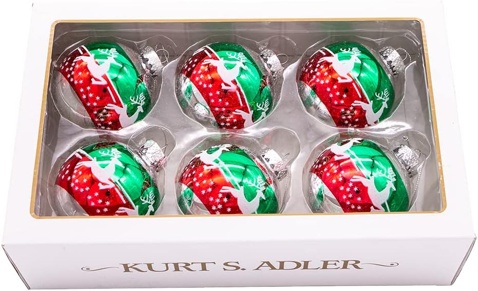 Adornos de bola de cristal de reno rojo y verde de 3.150 in, juego de 6 piezas