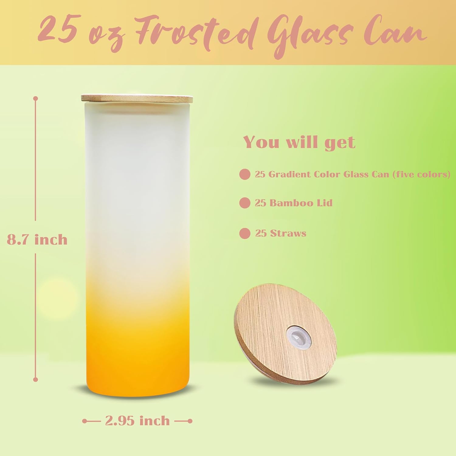 Paquete de 25 vasos de vidrio esmerilado con tapas y pajitas, vasos de vidrio sublimación de color degradado de 25 onzas, vasos de sublimación de