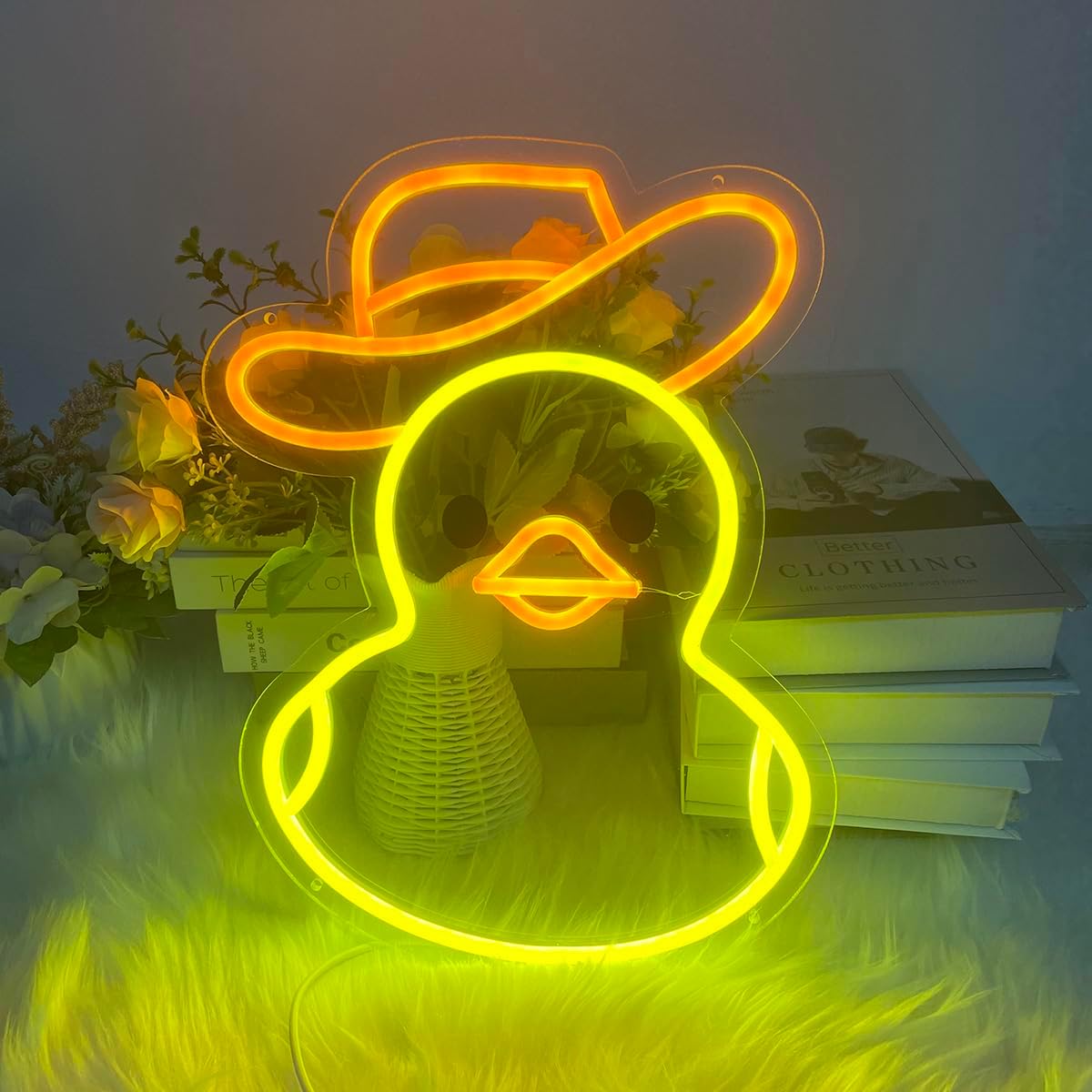 Sombrero de vaquero de anime, letrero de neón de pato para decoración de habitación de niños, lámpara de noche de animales para juegos, tienda, bar,