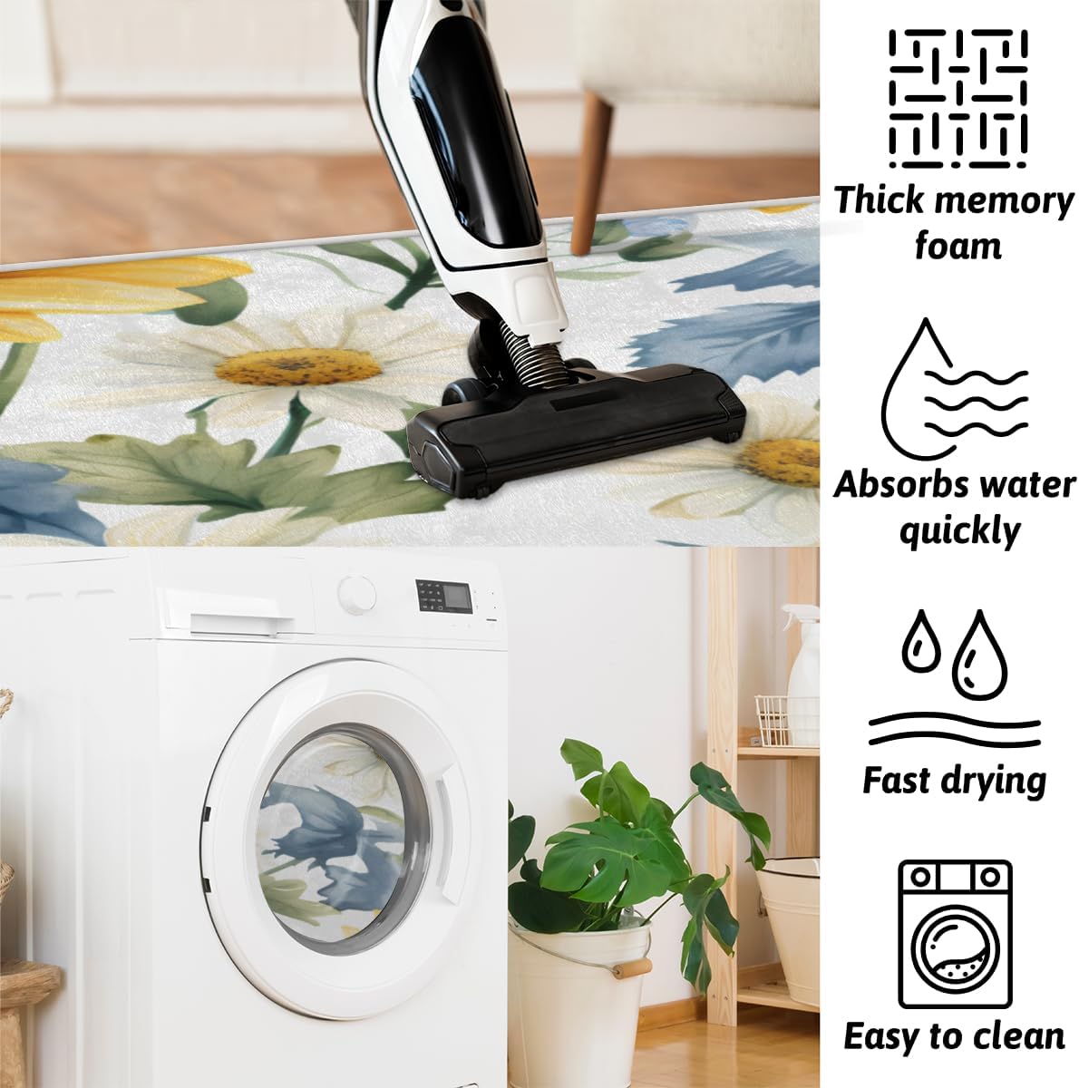 cfpolar Alfombras de baño antideslizantes de girasoles blancos con margaritas blancas, tapete de baño de microfibra absorbente, lavable a máquina,