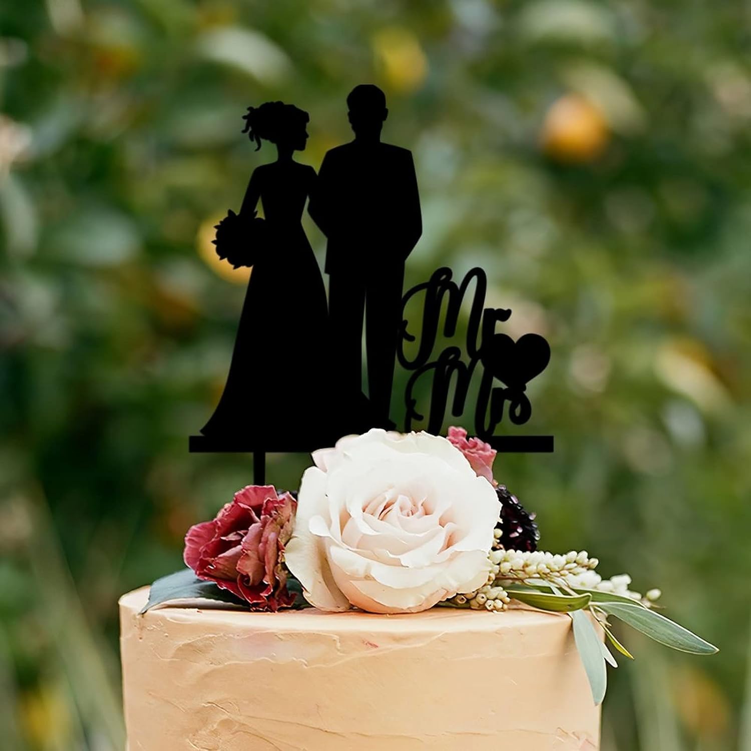 Silueta afroamericana de novia y novio, decoración de pastel de boda afro, boda de corazón de amor, decoración de pastel de madera acrílica para