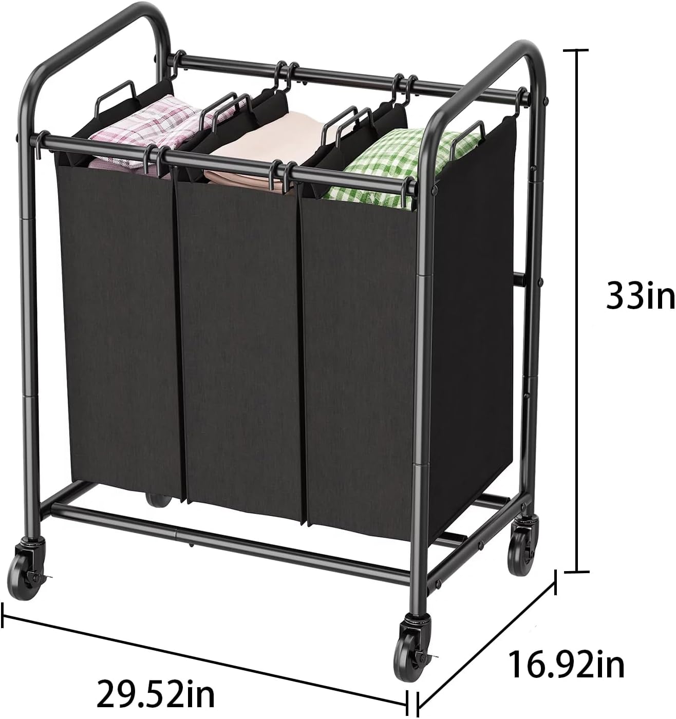 Cesta de lavandería de 240 litros, clasificador de canastas de mantas grande de 3 secciones para ropa sucia, carrito de clasificación de lavandería